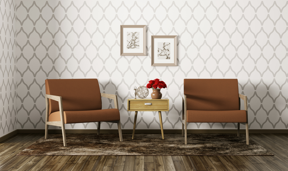 Modern interior of living room with two armchairs and side table 3d render
